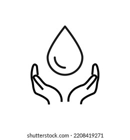 Support, present and charity concept. Modern vector sign drawn with black thin line. Editable stroke. Vector line icon of drop over outstretched hands 