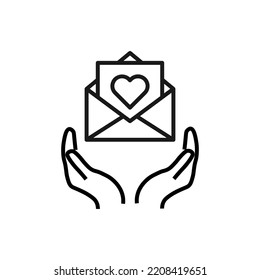 Support, present and charity concept. Modern vector sign drawn with black thin line. Editable stroke. Vector line icon of heart inside of letter in envelope over outstretched hands 