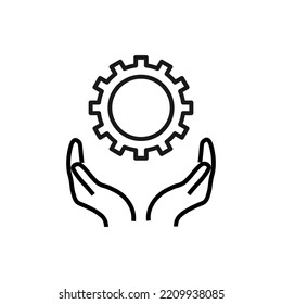 Concepto de apoyo, presente y caridad. Signo vectorial moderno dibujado con línea delgada negra. Trazo editable. Icono de línea de vector de engranaje o rueda cognitiva sobre manos extendidas 
