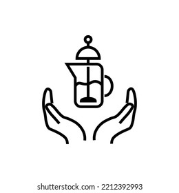 Support, present and charity concept. Modern vector sign drawn with black thin line. Editable stroke. Vector line icon of French press teapot over outstretched hands 