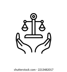 Support, present and charity concept. Modern vector sign drawn with black thin line. Editable stroke. Vector line icon of scales over outstretched hands 