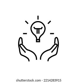 Concepto de apoyo, presente y caridad. Signo vectorial moderno dibujado con línea delgada negra. Trazo editable. Icono de línea del vector de la bombilla de luz sobre las manos extendidas 