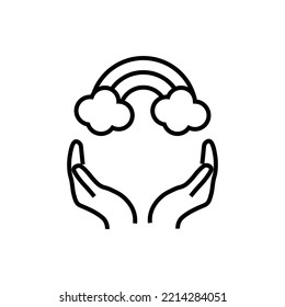 Support, present and charity concept. Modern vector sign drawn with black thin line. Editable stroke. Vector line icon of rainbow over outstretched hands 