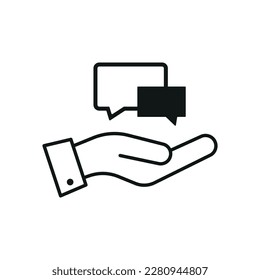 Support, present and charity concept. Modern vector sign drawn with black thin line. Editable stroke. Vector line icon of envelope over outstretched hands. eps 10