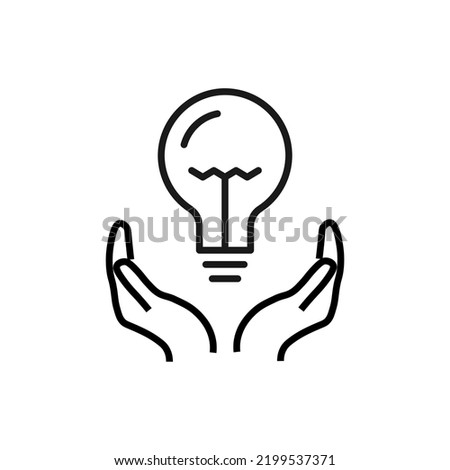 Support, present and charity concept. Modern vector sign drawn with black thin line. Editable stroke. Vector line icon of light bulb over outstretched hands 