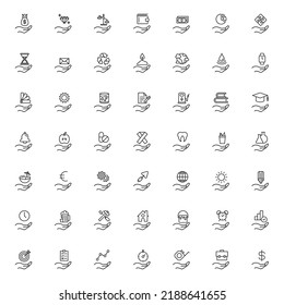 Support, present, charity signs. Monochrome symbol for web sites, stores, shops and other facilities. Editable stroke. Vector line icons set with various items above outstretched hand 