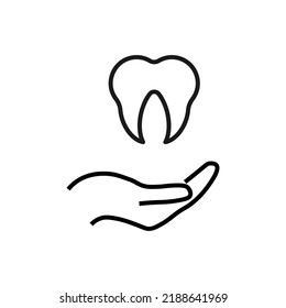 Support, present, charity signs. Monochrome symbol for web sites, stores, shops and other facilities. Editable stroke. Vector line icon of tooth over outstretched hand 