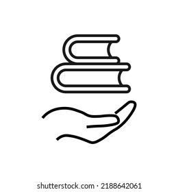 Support, present, charity signs. Monochrome symbol for web sites, stores, shops and other facilities. Editable stroke. Vector line icon of books over outstretched hand 