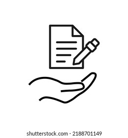 Support, present, charity signs. Monochrome symbol for web sites, stores, shops and other facilities. Editable stroke. Vector line icon of document over outstretched hand 
