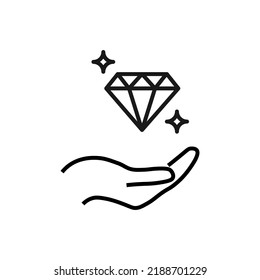 Support, present, charity signs. Monochrome symbol for web sites, stores, shops and other facilities. Editable stroke. Vector line icon of diamond over outstretched hand 