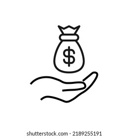 Support, present, charity signs. Monochrome symbol for web sites, stores, shops and other facilities. Editable stroke. Vector line icon of money bag over outstretched hand 