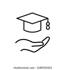 Support, present, charity signs. Monochrome symbol for web sites, stores, shops and other facilities. Editable stroke. Vector line icon of university cap over outstretched hand 