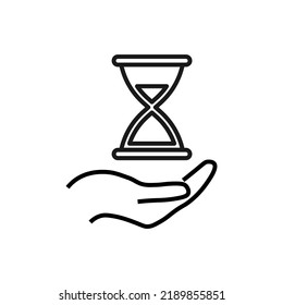 Support, present, charity signs. Monochrome symbol for web sites, stores, shops and other facilities. Editable stroke. Vector line icon of hourglass over outstretched hand 