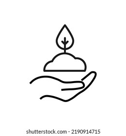 Support, present, charity signs. Monochrome symbol for web sites, stores, shops and other facilities. Editable stroke. Vector line icon of seedling tree over outstretched hand 