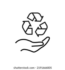 Support, present, charity signs. Monochrome symbol for web sites, stores, shops and other facilities. Editable stroke. Vector line icon of recycle arrows over outstretched hand 