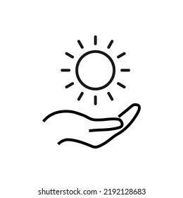 Support, present, charity signs. Monochrome symbol for web sites, stores, shops and other facilities. Editable stroke. Vector line icon of sun over outstretched hand 