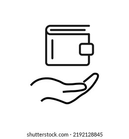 Support, present, charity signs. Monochrome symbol for web sites, stores, shops and other facilities. Editable stroke. Vector line icon of wallet over outstretched hand 