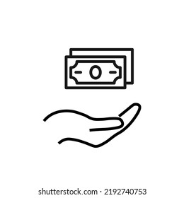 Support, present, charity signs. Monochrome symbol for web sites, stores, shops and other facilities. Editable stroke. Vector line icon of paper money over outstretched hand 