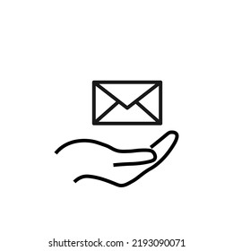 Support, present, charity signs. Monochrome symbol for web sites, stores, shops and other facilities. Editable stroke. Vector line icon of envelope over outstretched hand 