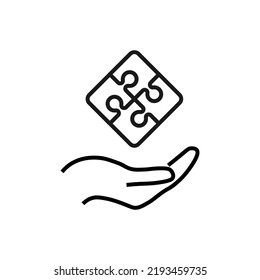 Support, present, charity signs. Monochrome symbol for web sites, stores, shops and other facilities. Editable stroke. Vector line icon of puzzle over outstretched hand 