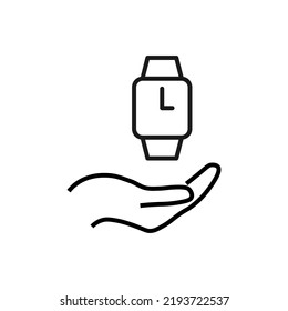 Support, present, charity signs. Monochrome symbol for web sites, stores, shops and other facilities. Editable stroke. Vector line icon of clock over outstretched hand 