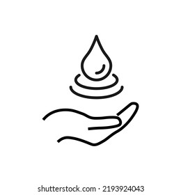 Support, present, charity signs. Monochrome symbol for web sites, stores, shops and other facilities. Editable stroke. Vector line icon of water drop over outstretched hand 