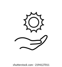 Support, present, charity signs. Monochrome symbol for web sites, stores, shops and other facilities. Editable stroke. Vector line icon of sun over outstretched hand 