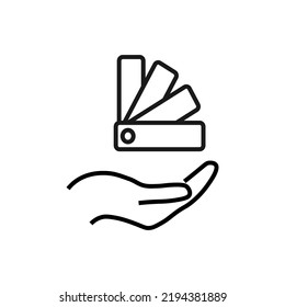 Support, present, charity signs. Monochrome symbol for web sites, stores, shops and other facilities. Editable stroke. Vector line icon of dye palette over outstretched hand 