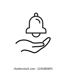 Support, present, charity signs. Monochrome symbol for web sites, stores, shops and other facilities. Editable stroke. Vector line icon of bell over outstretched hand 