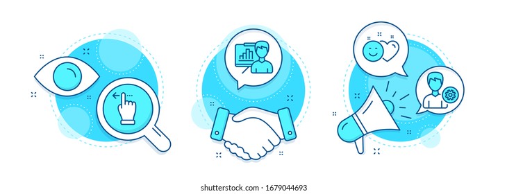 Support, Presentation board and Touchscreen gesture line icons set. Handshake deal, research and promotion complex icons. Smile sign. Edit profile, Growth chart, Slide left. Social media like. Vector