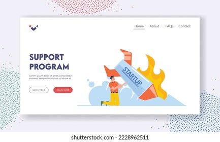 Support Program Landing Page Template. Businessman Sad of Company Startup Idea Fail. Shocked Business Man Looking on Burning Rocket Fall Down on Ground. Bad luck, Fiasco. Cartoon Vector Illustration