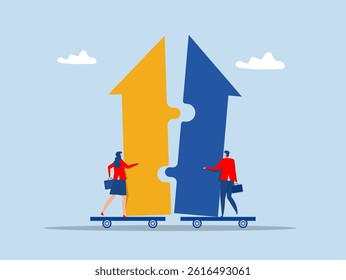 support or progress challenge concept, business people push arrow jigsaw to join to success.Merger and Acquisitions concept vector