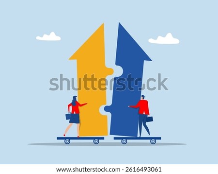 support or progress challenge concept, business people push arrow jigsaw to join to success.Merger and Acquisitions concept vector