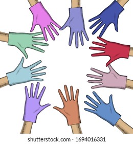 Apoyo y protección de los profesionales médicos durante una pandemia. Manos en guantes médicos de colores. Dibujo estilizado de color vintage. Ilustración del vector