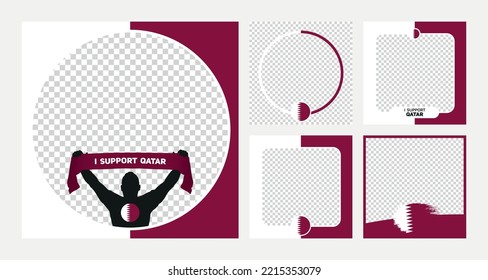 I support Qatar world football championship profil picture frame banner man silhouette with national flag scarf in hand for social media 