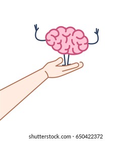 Support of Raising brain. Vector concept illustration of careful hand lifting up happy growing brain | flat design linear infographic icon colorful on white background