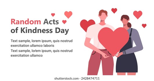 In support of Random Acts of Kindness Day, a young man and woman in casual clothes hold a red heart in the hands. Random Acts of Kindness Day. Flat vector illustration isolated on white background. 