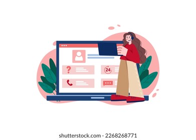 Support red concept with people scene in the flat cartoon style. Employee accepts applications for customer calls and calls back. Vector illustration.