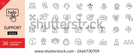 Support related icon collection. Containing help desks, live chat, FAQs, technical support, headset operators, feedback, tools, and service ratings. Vector illustration. Outline icons. Editable stroke