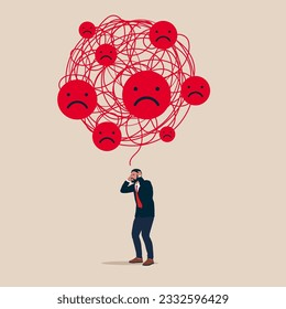 Support relief anxiety or depression. Mental health treatment or psychology support. Confused man with a cloud of negative emoticons above his head. Vector illustration
