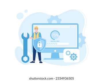 IT support is repairing the computer software installation process trending concept flat illustration