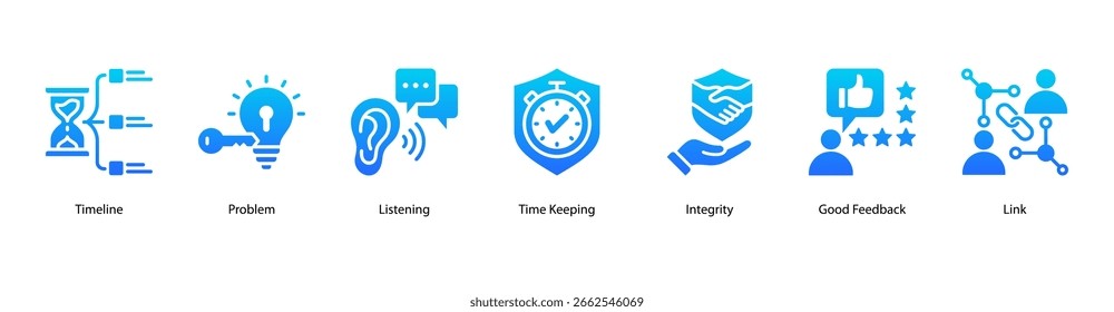 Support and Resolution web banner icon vector illustration featuring Timeline, Problem, Listening, Time Keeping, Integrity, Good Feedback, and Link.