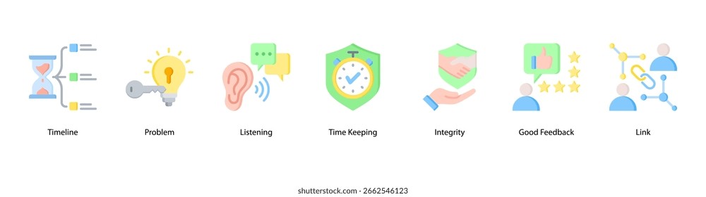 Ilustração vetorial do ícone de banner da Web de suporte e resolução apresentando Linha do tempo, Problema, Escuta, Manutenção do tempo, Integridade, Bom feedback e Link.