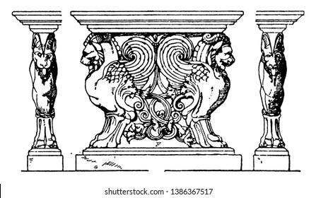 Support of Roman Table Trapezophoron found in the atrium of the house of Cornelius Rufus, display of vases, lamps, one at each end of the table, vintage line drawing or engraving illustration.