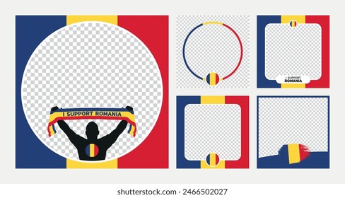 I support Romania european football championship profil picture frame banner man silhouette with national flag scarf in hand for social media and web