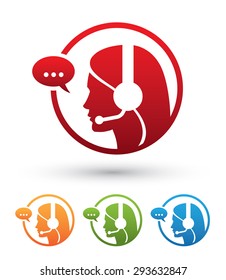 Support round icon with woman head in profile with headset and speech bubble in four color variations isolated on white background
