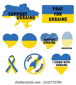 SUPPORT SAVE PRAY FOR, STAND WITH UKRAINE, UKRAINIAN, FLAG, MAP, HEART ICON SET CLIPART SET ILLUSTRATION FLAT DESIGN COLLECTION