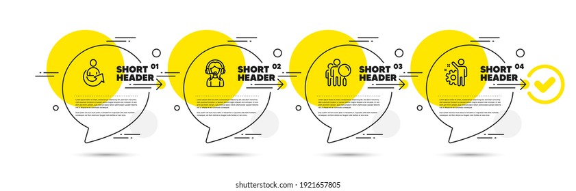 Support, Search people and Share line icons set. Timeline infograph speech bubbles. Employee sign. Call center, Find employee, Referral person. Cogwheel. People set. Vector