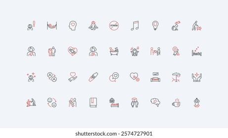 Support and self assistance in stress, psychology therapy, wellbeing line icon set. Counsellor, love and empathy heal depression, mind disorder thin black and red outline symbols vector illustration