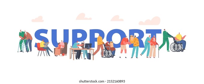 Support to Seniors Concept. Volunteers Characters Help to Old Disabled People. Read Newspaper, Walk on Wheelchair and Teach to Use Computer Poster, Banner or Flyer. Cartoon People Vector Illustration